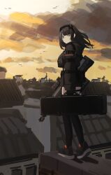  1girl absurdres anti-materiel_rifle armband black_coat black_hair black_thighhighs city clouds cloudy_sky coat evening gun headband highres original renakohii rifle sky sniper_rifle thigh-highs weapon 