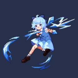  1girl blue_background blue_bow blue_dress blue_eyes blue_hair bow brown_shoes cirno collared_shirt commentary detached_wings dotebox dress full_body hair_bow ice ice_wings looking_at_viewer neck_ribbon open_mouth pinafore_dress pixel_art red_ribbon ribbon romaji_commentary shirt shoes simple_background sleeveless sleeveless_dress smile socks solo touhou white_shirt white_socks wings 