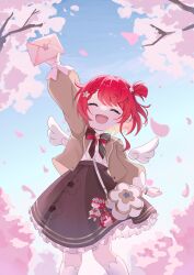 cherry_blossoms chrysos_heirs_(honkai:_star_rail) commentary dress falling_petals flower hair_flower hair_ornament highres honkai:_star_rail honkai_(series) hosi77970 open_mouth petals pointy_ears red_hair short_hair smile tribbie_(honkai:_star_rail) wings 