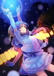 2girls ayase_eli back-to-back commentary dancing detached_sleeves dress green_eyes happy_birthday hat highres jacket love_live! love_live!_school_idol_project macken666 mini_hat multiple_girls night pink_shirt purple_hair shirt smile snow_halation tojo_nozomi tokyo_station white_dress 