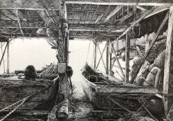  boat commentary_request crosshatching dock engine greyscale hatching_(texture) highres ibsukionsen monochrome motor_boat no_humans original rafters rope scenery traditional_media water watercraft wooden_beam 