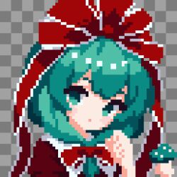  1girl bow bowtie commentary_request dress fake_transparency frilled_ribbon frills front_ponytail green_eyes green_hair hair_ribbon head_tilt highres kagiyama_hina looking_at_viewer pixel_art red_bow red_bowtie red_dress red_ribbon ribbon solo takeez3 touhou upper_body 