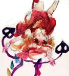  :q blonde_hair flandre_scarlet hat hat_ribbon jumping laevatein red_eyes ribbon sketch solo tongue touhou upside-down wings 