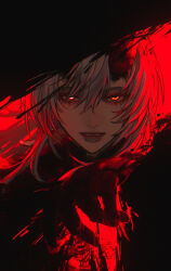  1girl alpha:_inverse_crown_(pgr) alpha_(pgr) asymmetrical_horns black_horns commentary gi_ra1 hair_between_eyes highres horns lips looking_at_viewer mismatched_horns parted_lips portrait punishing:_gray_raven red_background red_eyes red_horns red_theme solo 