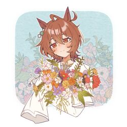  1girl agnes_tachyon_(umamusume) ahoge animal_ears blush brown_hair chemical_structure closed_mouth earrings fish20626043 flower hair_between_eyes highres holding holding_flower horse_ears horse_girl jewelry lab_coat long_sleeves looking_at_viewer medium_hair purple_sailor_collar purple_shirt red_eyes sailor_collar school_uniform shirt single_earring sleeves_past_fingers sleeves_past_wrists smile solo tracen_school_uniform umamusume 