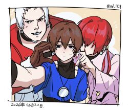  1girl 2boys annoyed black_eyes blue_eyes blue_shirt brown_gloves brown_hair choker chris_(kof) commentary crop_top cropped_jacket cyskof dated earrings gloves grin hair_between_eyes hair_over_eyes halter_shirt halterneck heart heart_choker heart_hands highres jacket jewelry lips lipstick long_hair looking_at_viewer makeup multiple_boys nanakase_yashiro necklace pants pearl_earrings photo_(object) pink_jacket pink_lips pink_skirt ponytail red_jacket red_nails selfie shermie_(kof) shirt short_hair skirt smile the_king_of_fighters undershirt untranslatable_commentary v-shaped_eyebrows white_hair white_pants 