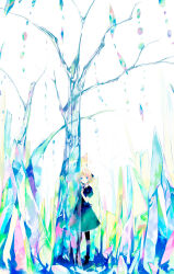  1girl archived_source bare_tree behind_tree black_boots black_dress black_socks blonde_hair blue_eyes boots closed_mouth crystal dress expressionless full_body glass_shards highres original peeking_out short_dress socks solo takano_otohiko tree 