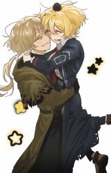  1boy 1girl a_certain_sinclair_(project_moon) absurdres animal_on_head bb_imposible bird bird_on_head black_coat black_gloves black_pants black_shirt blonde_hair brown_shoes cheek-to-cheek closed_eyes coat collared_shirt couple don_quixote_(project_moon) gloves grin happy heads_together highres hug hug_carry limbus_company long_sleeves low_ponytail necktie on_head open_mouth pants ponytail project_moon red_necktie shirt shoes short_hair simple_background simple_bird sinclair_(project_moon) smile star_(symbol) white_background white_shirt 