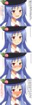  blue_hair blush food food_as_clothes fruit hat highres hinanawi_tenshi long_hair peach red_eyes tears touhou translation_request zetsumame 