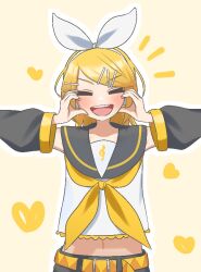  1girl belt black_sailor_collar black_shorts blonde_hair bow breasts closed_eyes commentary daifuku_um detached_sleeves hair_bow hair_ornament hairclip headphones heart kagamine_rin neckerchief open_mouth parallel_hairclips sailor_collar shirt short_hair shorts sleeveless sleeveless_shirt small_breasts treble_clef vocaloid white_bow white_shirt yellow_belt yellow_neckerchief yellow_trim 