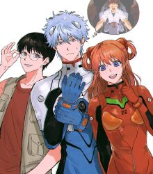  1girl 2boys adjusting_eyewear aida_kensuke aida_kensuke_(cosplay) anime_screenshot black_hair blue_eyes brown_eyes commentary_request cosplay gintama glasses grey_hair height_difference highres ikari_shinji ikari_shinji_(cosplay) jacket jupiteryi4288 kagura_(gintama) korean_commentary long_hair looking_at_viewer mecha_pilot_suit multiple_boys neon_genesis_evangelion open_clothes open_jacket orange_hair plugsuit_(evangelion) sakata_gintoki shimura_shinpachi shirt short_hair simple_background smile souryuu_asuka_langley souryuu_asuka_langley_(cosplay) the_end_of_evangelion white_background 