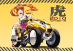  all-terrain_vehicle anklet antenna_hair aqua_eyes barefoot black_legwear blue_eyes brown_hair detached_sleeves different_socks feet fukukitaru fur japanese_clothes jewelry kimono leg_up legs long_hair mismatched_legwear motor_vehicle motorcycle new_year orange_hair redhead reverse_trike sandals short_twintails single_shoe single_thighhigh sitting skirt solo thighhighs toeless_socks toes trike twintails vehicle 