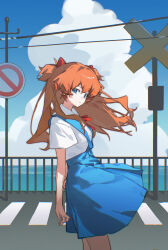  1girl absurdres bare_arms bare_legs blue_eyes blue_skirt blue_sky chi_chi_(lofter_2016543390) clouds collared_shirt commentary cowboy_shot crosswalk floating_clothes floating_hair from_side highres interface_headset_(evangelion) long_hair looking_at_viewer looking_to_the_side neck_ribbon neon_genesis_evangelion ocean orange_hair outdoors power_lines railing red_ribbon ribbon road_sign school_uniform shirt short_sleeves sign skirt sky solo souryuu_asuka_langley stop_sign suspender_skirt suspenders tokyo-3_middle_school_uniform two_side_up utility_pole white_shirt 