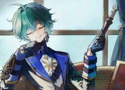  1boy ahoge belt belt_collar black_belt black_gloves blue_shirt choker closed_eyes coat collar collared_shirt commentary_request curtains dagger earrings genshin_impact gloves green_hair hair_between_eyes hair_intakes hand_on_own_chin holding holding_dagger holding_knife holding_weapon jewelry knife lohen_(genshin_impact) long_sleeves male_focus mole mole_under_eye multicolored_eyes multicolored_gloves noeyun11 shirt short_hair single_earring sitting smile solo two-tone_gloves upper_body weapon window 