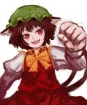  animal_ears bad_id brown_hair cat_ears chen clenched_hand fist foreshortening hal360 hands red_eyes touhou 