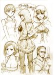  bad_id breasts brown carlos_oliveira chris_redfield cleavage corset folkssoul graphite_(medium) hood jill_valentine monochrome rakuto_mangan ran-neko rebecca_chambers resident_evil sheva_alomar short_hair sketch thighhighs traditional_media vest zettai_ryouiki 