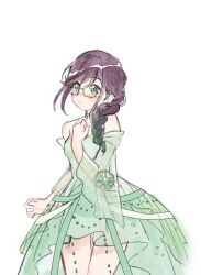  1girl bare_shoulders black-framed_eyewear blush braid braided_ponytail clenched_hands commentary cowboy_shot detached_sleeves dress english_commentary glasses gradient_hair green_eyes green_hair green_hairband green_ribbon hair_between_eyes hair_over_shoulder hairband halter_dress halterneck hand_on_own_chest heart heart-shaped_pupils high-low_dress highres hoshimi_junna l1lia long_hair long_sleeves looking_at_viewer multicolored_hair nose_blush official_alternate_costume official_alternate_hair_color official_alternate_hairstyle parted_lips pleated_dress purple_hair ribbon see-through_clothes see-through_sleeves shoujo_kageki_revue_starlight sidelocks simple_background solo standing star_ornament symbol-shaped_pupils white_background 