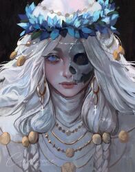  1girl blue_eyes cinderone commentary earrings elden_ring elden_ring_nightreign flower_wreath gold_earrings gold_necklace highres jewelry necklace revenant_(elden_ring) skull white_hair 