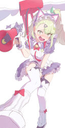  1girl absurdres animal_ear_hairband animal_ears bag bell black_dress black_garter_straps black_thighhighs cat_ear_hairband cat_ears commentary_request dress fake_animal_ears fang fingernails garter_straps ghost_hair_ornament green_eyes green_hair hair_ornament hairband hairclip highres holding holding_megaphone looking_at_viewer maid_headdress megaphone neck_bell official_alternate_costume open_mouth red_bag simple_background skirt skirt_tug solo sunna_(afternoon_tea_break)_(zenless_zone_zero) sunna_(zenless_zone_zero) thigh-highs thunnus_270 white_background white_wings winged_bag wings zenless_zone_zero 