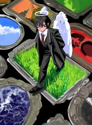  1boy :| absurdres aegyo_sal angel arms_behind_back bags_under_eyes black_coat black_hair black_vest closed_mouth clouds coat collared_shirt commentary feathered_wings from_above full_body grass halo highres korean_commentary limbus_company looking_to_the_side male_focus necktie portrait_(object) project_moon red_necktie scenery shirt short_hair solo traditional_halo vest walking white_shirt white_wings wings yi_sang_(project_moon) yongsadragon 