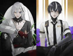  2boys absurdres arm_on_knee arm_rest black_hair black_necktie black_pants black_shirt black_streaks blue_eyes collared_shirt commentary_request earrings eyelashes gi_ra1 grey_hair hair_between_eyes heterochromia highres jewelry knee_up knees_up long_sleeves looking_at_viewer male_focus mechanical_arms monocle multicolored_hair multiple_boys necktie noan:_arca_(homecoming)_(pgr) noan_(pgr) official_alternate_costume pants parted_lips puffy_long_sleeves puffy_sleeves punishing:_gray_raven roland:_flambeau_(fool's_fables)_(pgr) roland_(pgr) round_eyewear shirt short_hair short_sleeves single_mechanical_arm sitting sleeve_cuffs smile solo streaked_hair suspenders teeth tongue tongue_out two-tone_shirt upper_teeth_only white_background white_shirt white_streaks yellow_eyes 