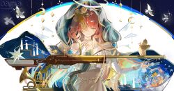  1girl absurdres ambience_synesthesia arknights bare_shoulders bird bridal_gauntlets chinese_commentary collarbone commentary_request detached_wings disembodied_hand dove dress energy_wings facial_mark gloves gun halo hand_on_own_chest highres instrument kabalaxiong lemuen_(arknights) lemuen_(requiem_vesperis)_(arknights) long_hair mark_under_eye official_alternate_costume one_eye_covered pearl_choker pigeon pink_eyes pink_hair rifle solo star_pendant teardrop_facial_mark traditional_halo upper_body veil weapon white_dress white_gloves white_halo white_veil wings 