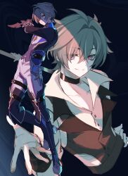  1boy absurdres black_choker boots choker closed_mouth collared_shirt commentary_request dagger genshin_impact gloves green_hair hair_between_eyes highres holding holding_dagger holding_knife holding_weapon knife lohen_(genshin_impact) long_sleeves looking_at_viewer male_focus mole mole_under_eye parted_lips shirt smile solo teeth thigh_strap tonami202605 weapon 