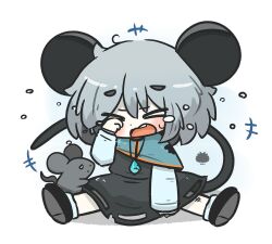  >_< +++ 1girl animal animal_ears black_shoes blue_capelet capelet chibi closed_eyes commentary_request dress grey_dress grey_hair hair_between_eyes highres long_sleeves mouse_(animal) mouse_ears mouse_girl mouse_tail nazrin open_mouth sea_urchin shadow shirt shoe_soles shoes short_eyebrows sitting solo tail tears thick_eyebrows touhou uni_souchou white_background white_shirt 