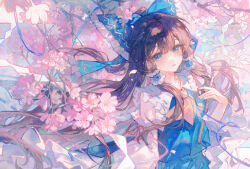  1girl alternate_color ascot blue_eyes blue_nails blue_skirt bow brown_hair cherry_blossoms chinese_commentary commentary_request detached_sleeves flower frilled_bow frilled_hair_tubes frills hair_bow hair_tubes hakurei_reimu highres long_hair looking_at_viewer maccha_(mochancc) pink_flower player_2 skirt skirt_set smile solo touhou yellow_ascot 