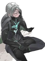  1boy absurdres black_bodysuit black_pants bodysuit commentary cyborg eyepatch from_above grey_hair highres male_focus pants punishing:_gray_raven sidelocks sitting solo violet_eyes watanabe:_epitaph_(pgr) watanabe_(pgr) white_background yongsadragon 