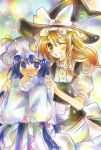  apron bad_id blonde_hair blush covering_mouth embarrassed hat hat_ribbon kirisame_marisa long_hair marker_(medium) multiple_girls no_nose open_mouth patchouli_knowledge purple_eyes purple_hair ribbon short_sleeves touhou traditional_media violet_eyes wide_sleeves wink wiriam07 witch_hat yellow_eyes 