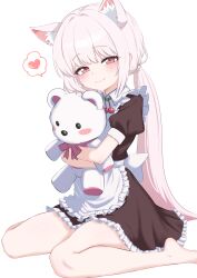 1girl absurdres animal_ear_fluff animal_ears apron bare_legs blue_eyes blush cat_ears commentary_request dress frilled_apron frilled_dress frills heart highres holding holding_stuffed_toy korean_commentary legs long_hair looking_at_viewer maid_apron oldsickkim original pink_hair red_eyes sitting smile solo spoken_heart stuffed_animal stuffed_toy teddy_bear thighs twintails very_long_hair wariza white_background 