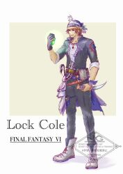  1boy black_jacket black_pants blue_ribbon boots brown_eyes character_name commentary_request dagger earrings final_fantasy final_fantasy_vi full_body grey_hair headscarf highres holding holding_dagger holding_knife holding_weapon jacket jewelry knife locke_cole magicite male_focus midriff_peek necklace one_eye_closed pants parted_bangs rakugaki_wanko ribbon shirt short_hair solo stretching waist_cape watermark weapon white_background white_boots white_shirt 