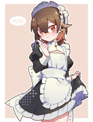  1boy adapted_costume alternate_costume apron back_bow black_dress blush border bow brown_hair cleavage_cutout clothing_cutout collared_dress colored_inner_hair commentary cowboy_shot crossdressing crossdressing_(mtf) curled_fingers dress ear_piercing earrings embarrassed enmaided frilled_apron frilled_dress frills halftone hand_up highres holding_own_dress jewelry juliet_sleeves long_sleeves looking_at_viewer maid maid_apron maid_headdress male_focus male_maid multicolored_hair nu_carnival nu_jyo outline pectoral_cleavage pectorals piercing pink_background pink_hair puffy_sleeves raised_inner_eyebrows red_eyes short_dress short_hair small_sweatdrop snake_earrings solo spoken_blush trap two-tone_hair wavy_mouth white_apron white_border white_bow white_outline yakumo_(nu_carnival) 