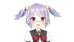  1girl :d black_sailor_collar blush bow bowtie corrected_aspect_ratio dot_nose emblem fang fuyuki_yuka game_asset glasses green-framed_eyewear hair_bobbles hair_ornament highres looking_at_viewer non-web_source official_art open_mouth plaid_bow plaid_bowtie plaid_clothes portrait purple_hair red_bow red_bowtie resized sailor_collar school_star_dream! school_uniform self-datamine semi-rimless_eyewear shirt short_hair short_sleeves short_twintails simple_background smile solo transparent_background twintails under-rim_eyewear violet_eyes white_shirt 