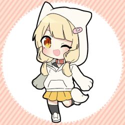  1girl :d ;d animal_hood black_socks blonde_hair blunt_bangs blush cat_hood chibi chibi_only collar commentary_request full_body hood hood_up hoodie kneehighs leg_up long_hair long_sleeves nise_dorothia one_eye_closed open_mouth original pleated_skirt red_collar shoes skirt slit_pupils smile socks solo standing standing_on_one_leg white_hoodie white_shoes yellow_eyes yellow_skirt 