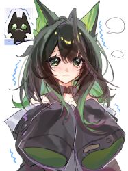  1girl arknights bare_shoulders black_hair chinese_commentary closed_mouth colored_inner_hair commentary_request frown green_eyes highres jue_zan_qia_fan_zhong long_hair looking_at_viewer mon3tr_(arknights) multicolored_hair reference_inset sad simple_background sleeves_past_fingers sleeves_past_wrists solo speech_bubble tearing_up tears trembling upper_body white_background 