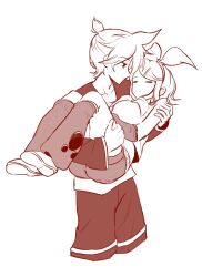  1boy 1girl antenna_hair breasts carrying closed_eyes collarbone commentary detached_sleeves feet_out_of_frame full_body g_hana greyscale hair_ornament hairclip kagamine_len kagamine_rin leg_warmers looking_at_another medium_hair monochrome neckerchief parallel_hairclips parted_bangs ponytail princess_carry sailor_collar shirt short_hair short_ponytail short_shorts shorts sidelocks simple_background sleeping sleeveless sleeveless_shirt small_breasts vocaloid 