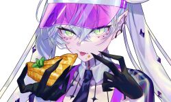  1girl apple_pie black_shirt commentary crossed_bangs detached_collar ear_piercing emoillu fate/grand_order fate_(series) food green_eyes grey_hair hair_between_eyes hat highres lilith_(fate) long_hair looking_at_viewer necktie pie piercing pointy_ears purple_hat shirt short_sleeves solo tongue tongue_out twintails untranslatable_commentary visor_cap 