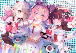  3girls absurdres angels_of_delusion aria_(zenless_zone_zero) arm_warmers black_hair blue_eyes clothing_cutout commentary double_v dress english_commentary gloves glowstick green_eyes green_hair grin hair_between_eyes halo highres long_hair looking_at_viewer misapit multiple_girls nangong_yu navel navel_cutout pink_gloves pink_hair quad_tails red_eyes red_nails smile striped_arm_warmers sunna_(zenless_zone_zero) twintails v virtual_pet_(toy) white_dress white_wings wings zenless_zone_zero 