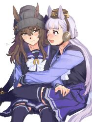  2girls :3 :d animal_ears beanie blunt_bangs blunt_ends blush bow brown_hair commentary_request ear_ornament gold_ship_(umamusume) grey_hair hair_between_eyes hand_on_another's_leg hat highres horse_ears horse_girl horse_tail horseshoe_ornament hug hug_from_side legs_on_another's_lap long_hair long_sleeves looking_at_another mary_janes medium_hair multiple_girls nakayama_festa_(umamusume) nose_blush omotil pillbox_hat pink_eyes pleated_skirt purple_sailor_collar purple_serafuku purple_skirt purple_thighhighs sailor_collar school_uniform serafuku shoes sitting sitting_on_lap sitting_on_person skirt smile tail thigh-highs tracen_school_uniform umamusume white_bow winter_uniform 