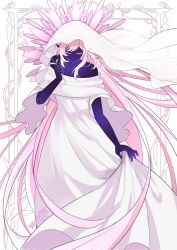  1girl artist_name colored_eyelashes commentary corrupted_twitter_file dress elysia_(honkai_impact) flower highres holding holding_flower honkai_(series) honkai_impact_3rd long_hair pink_hair solo tulip veil very_long_hair white_dress white_flower white_tulip white_veil yeonpoppu 
