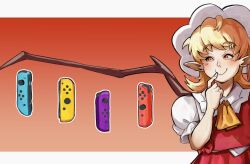  1girl alternate_wings ascot blonde_hair commentary controller embodiment_of_scarlet_devil english_commentary flandre_scarlet game_controller hat highres joy-con mob_cap molly_yancey pointy_ears puffy_sleeves red_eyes shirt short_hair short_sleeves skirt smile solo touhou vest wings 