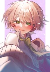  1boy absurdres aduma_tobari aegyo_sal androgynous blonde_hair blurry blush brown_cardigan cardigan closed_mouth collared_shirt colored_eyelashes commentary dot_nose eyelashes green_eyes green_necktie half-closed_eyes highres lips long_sleeves looking_at_viewer male_focus necktie original purple_background school_uniform shirt short_hair single_eyebrow smile solo split_mouth trap two-tone_background white_background white_shirt 