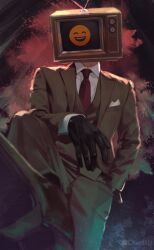  1boy black_gloves braun_(gwechul) brown_jacket brown_pants brown_vest buttons chaeillll character_name collared_shirt dress_shirt emoji english_commentary gloves gwechul highres jacket lapels layered_sleeves male_focus necktie notched_lapels object_head pants pov red_necktie shirt solo suit_jacket suit_pants television vest waistcoat white_shirt wing_collar 