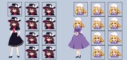  2girls :/ asymmetrical_sidelocks back_bow black_capelet black_hat black_shoes black_skirt blonde_hair bow breasts brown_eyes brown_hair capelet closed_eyes commentary_request dress expression_chart frown full_body hair_bow hat hat_bow highres long_sleeves maribel_hearn mary_janes medium_breasts mob_cap multiple_girls necktie pixel_art purple_dress red_bow red_necktie ribbon-trimmed_capelet ribbon-trimmed_skirt ribbon_trim ruru2koichi shaded_face shirt_tucked_in shoes sidelocks skirt smile socks touhou usami_renko white_bow white_hat white_socks yellow_eyes 