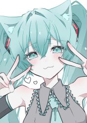  1girl :3 animal_ear_fluff animal_ears aqua_eyes aqua_hair aqua_nails aqua_necktie bare_shoulders cat_ears cat_girl commentary detached_sleeves double_v grey_shirt hair_between_eyes hatsune_miku heart highres looking_at_viewer nail_polish necktie ria_art shirt simple_background sleeveless sleeveless_shirt solo twintails upper_body v vocaloid white_background 