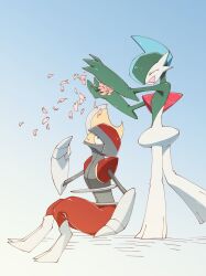  2others arm_blade behind_another bisharp blue_background cherry_blossoms closed_eyes colored_skin facing_another facing_to_the_side fake_horns falling_petals flower gallade gradient_background green_skin grey_skin hand_on_ground hand_up happy helmet high_contrast highres holding holding_petal horned_helmet horns knees_up looking_up mohawk multicolored_skin multiple_others on_ground open_mouth outdoors outstretched_arms petals pokemon pokemon_(creature) pokemon_focus red_trim shoulder_pads sitting thick_thighs thighs two-tone_skin umi-be-to weapon white_skin wide_hips 