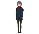 brown_hair coat hands_in_pockets pantyhose peacoat scarf short_hair skirt uki_atsuya winter_clothes 