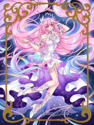  1girl ankle_flower bare_shoulders blue_hair breasts commentary cyrene_(demiurge)_(honkai:_star_rail) cyrene_(honkai:_star_rail) detached_sleeves dress floating_hair flower full_body hair_flower hair_intakes hair_ornament hand_in_own_hair high_heels highres honkai:_star_rail honkai_(series) layered_dress leaf_hair_ornament long_hair looking_at_viewer medium_breasts mroczniak_(gloomy_chuu) multicolored_dress multicolored_hair neck_flower pink_hair pink_lips pointy_ears purple_dress ribbon short_sleeves smile solo very_long_hair violet_eyes white_dress white_hair white_sleeves wrist_ribbon 